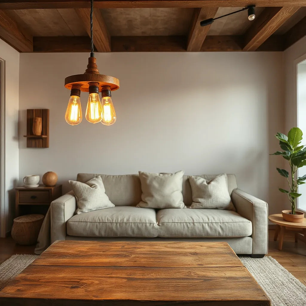 Warm rustic wood pendant and wall sconce lighting in a cozy living room with natural wood decor