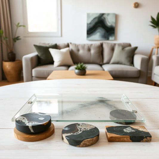 Glossy epoxy resin tray and coasters on a wooden coffee table with modern home decor background