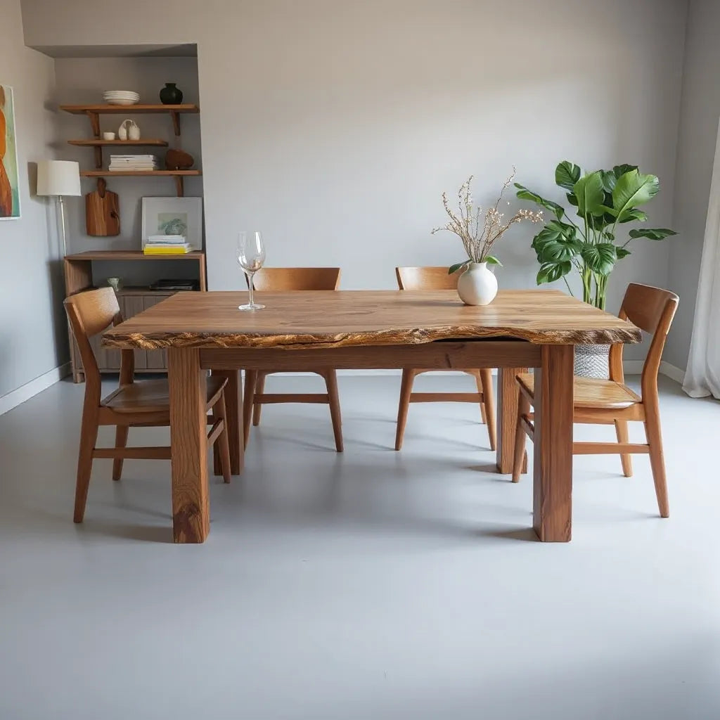 Handcrafted wooden dining table with distinctive grain and subtle edge details in a bright, minimal room
