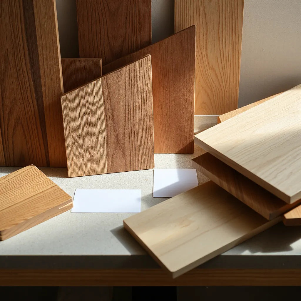 Varied wood boards with visible grain and warm finishes on a clean workbench