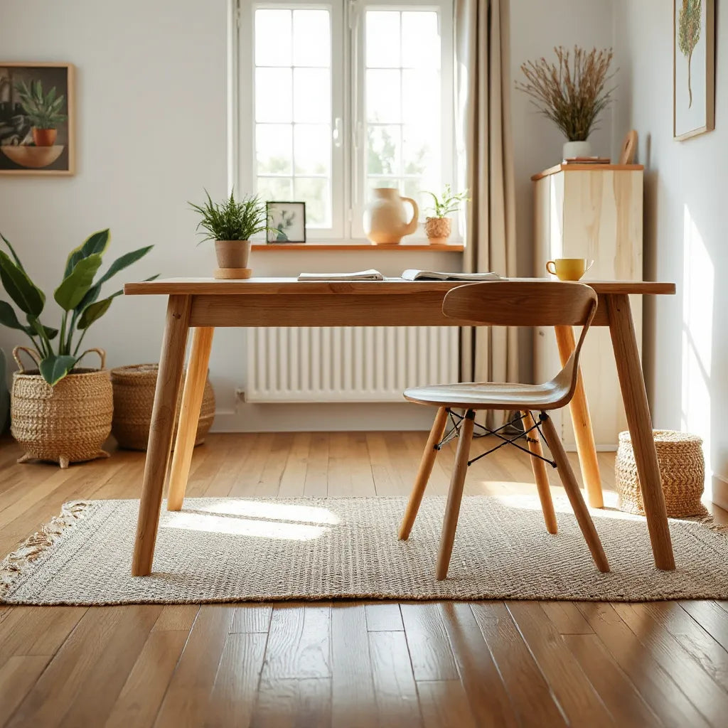 Natural wood table and chairs in a bright room with visible grain texture and eco-friendly styling