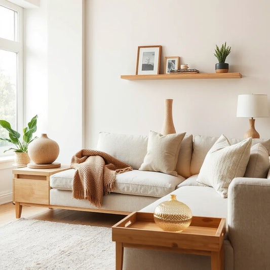 Warm living room with distinctive vases, wood accents, a sculptural lamp, and neutral decor