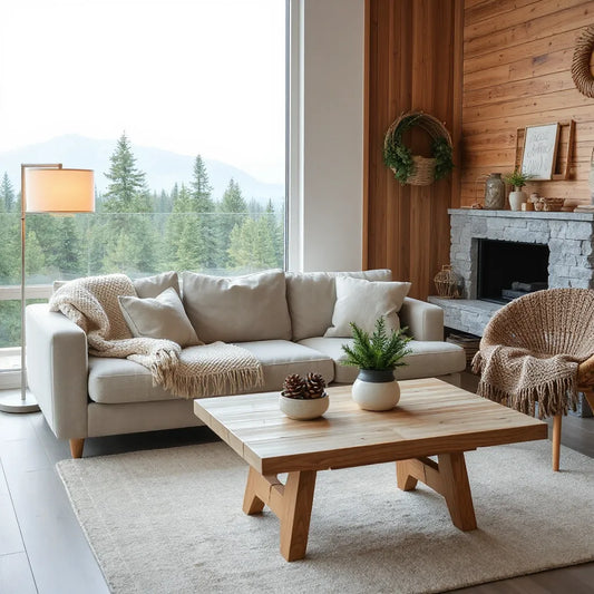Cozy living room with rustic wood accents, stone fireplace, and warm textiles in a mountain-inspired setting