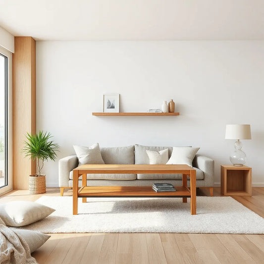 Light oak living room with a floating shelf, wood coffee table, and warm natural wood accents
