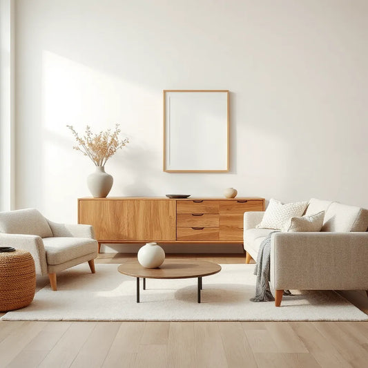 Minimal living room with warm wood accents, neutral decor, and soft ambient lighting