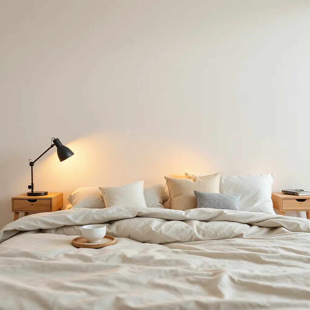 Distinctive bedside lamps on nightstands casting warm light in a neatly styled bedroom