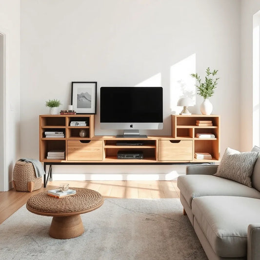 Modern living room corner with modular wood shelving and interchangeable cabinet fronts