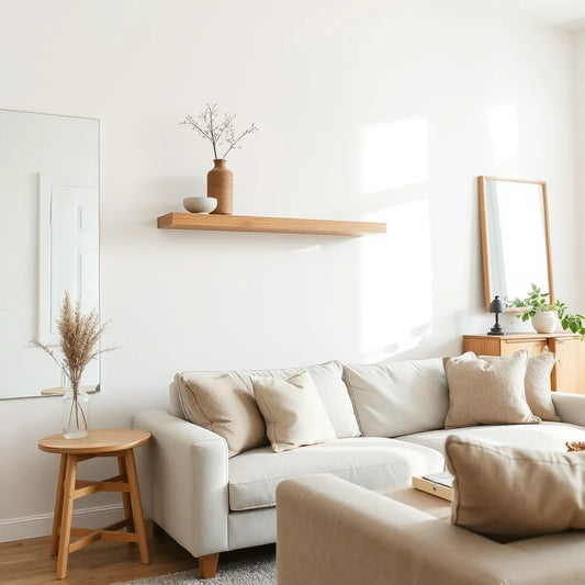 Bright living room with light oak shelves, wood-framed mirror, and a warm wood side table