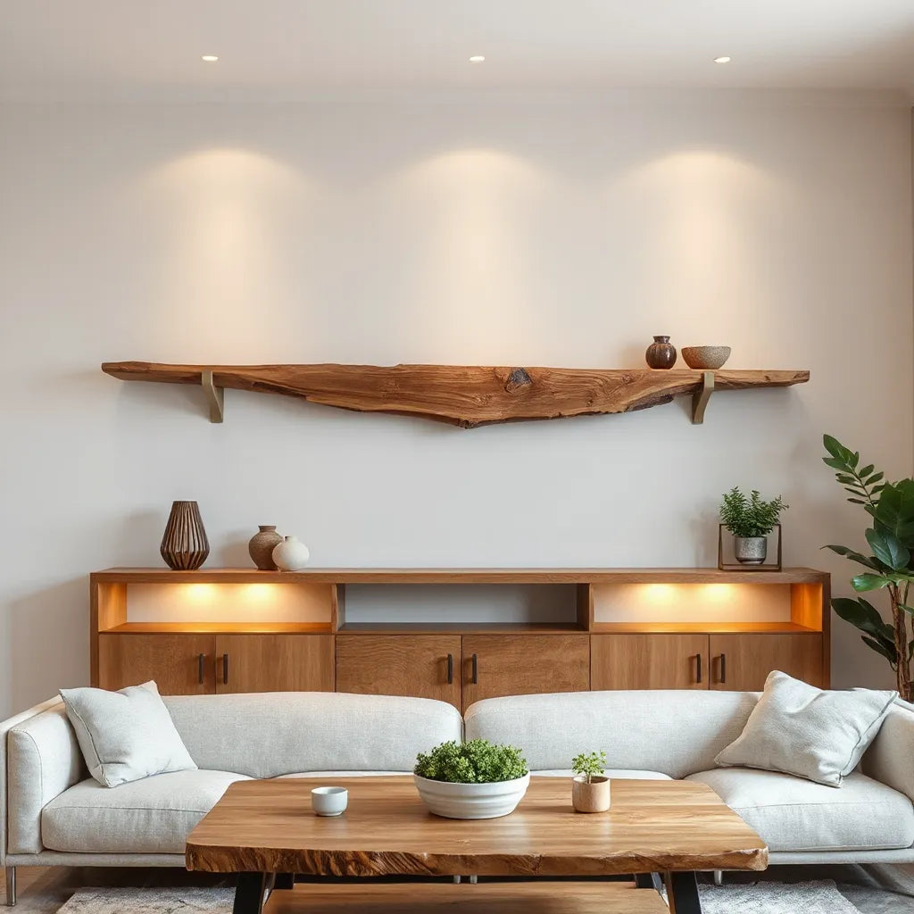 Natural live edge wooden shelves mounted on a modern wall with minimal decor