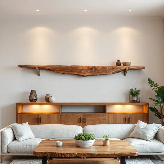 Natural live edge wooden shelves mounted on a modern wall with minimal decor