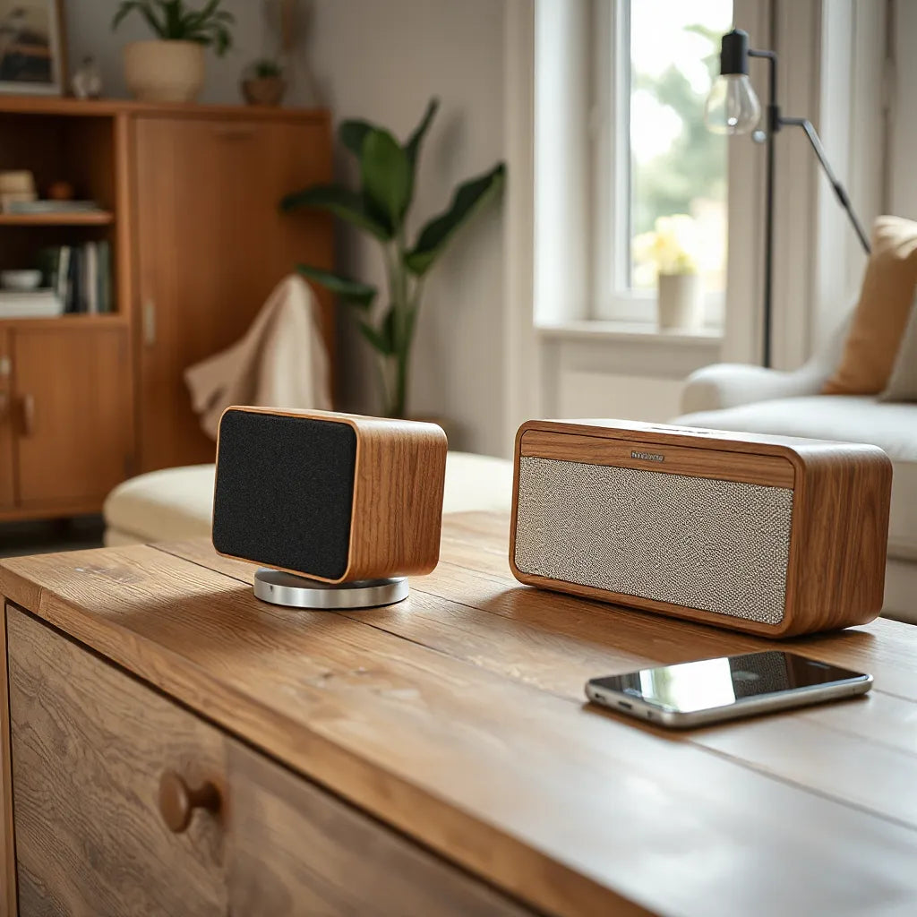 Hand-finished wooden Bluetooth speaker on a sideboard in a cozy living room with a smartphone nearby
