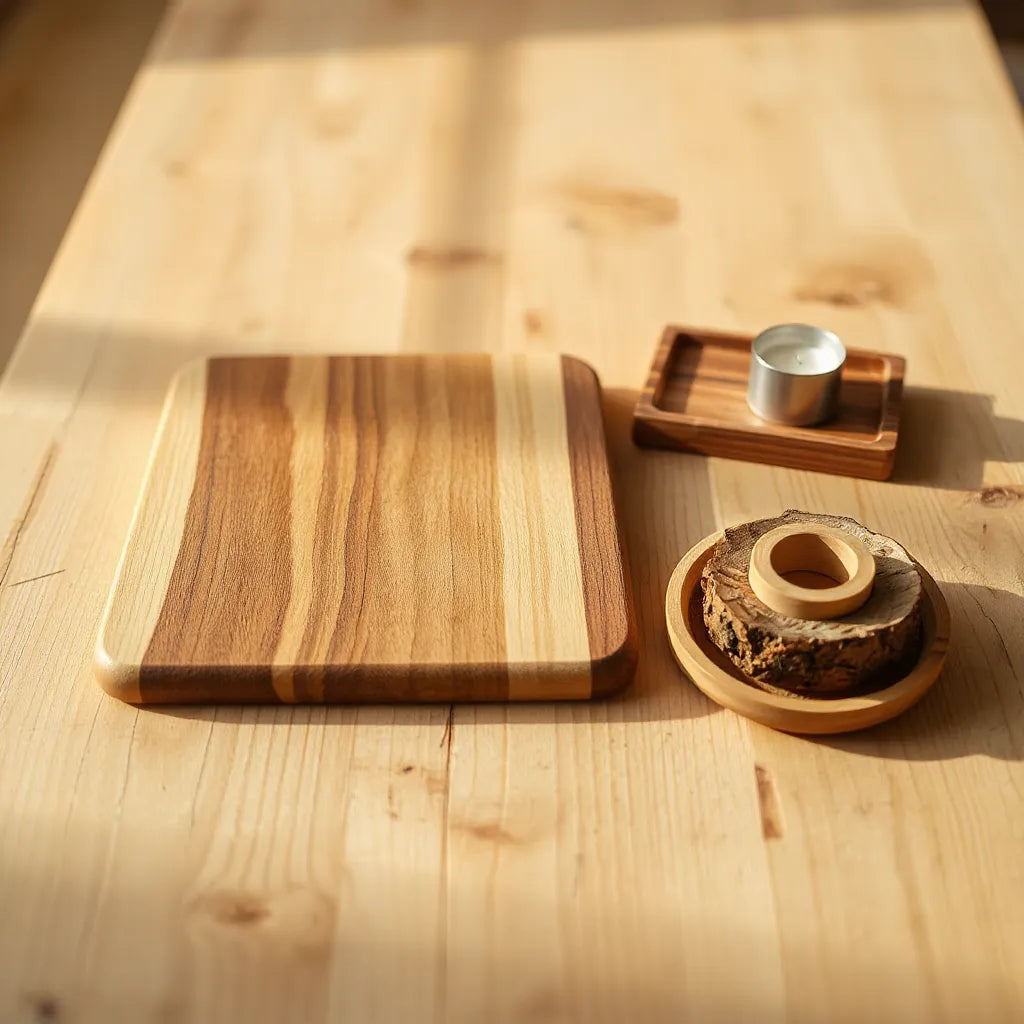 Handcrafted wooden cutting board and tray on a workbench in warm natural light