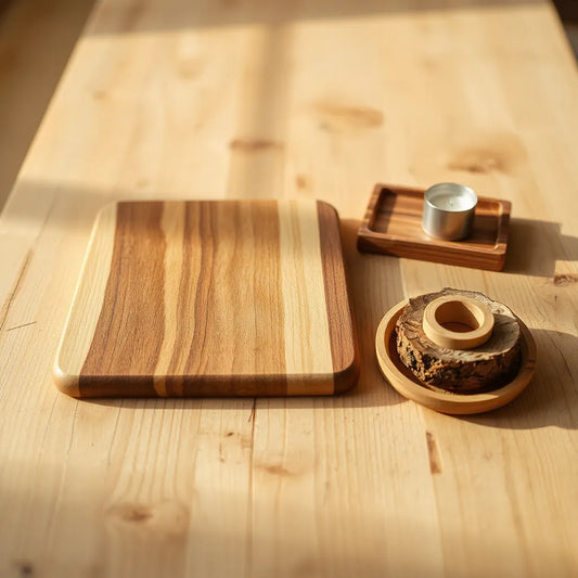 Handcrafted wooden cutting board and tray on a workbench in warm natural light