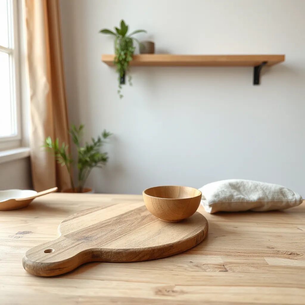 Handcrafted wooden cutting board, bowl, and shelf segment with warm natural light