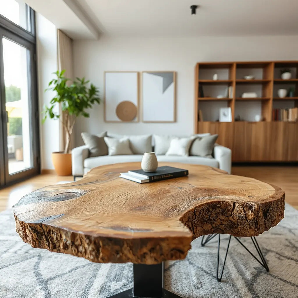 Live edge wood table with natural bark edge in a bright modern living room