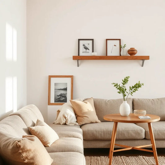 Warm living room with handcrafted wooden shelf, frame, and small side table details