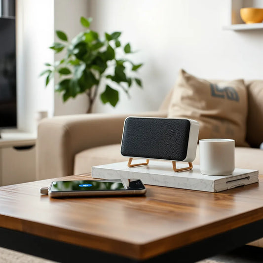 Compact Bluetooth speakers on a side table in a modern living room with soft natural light