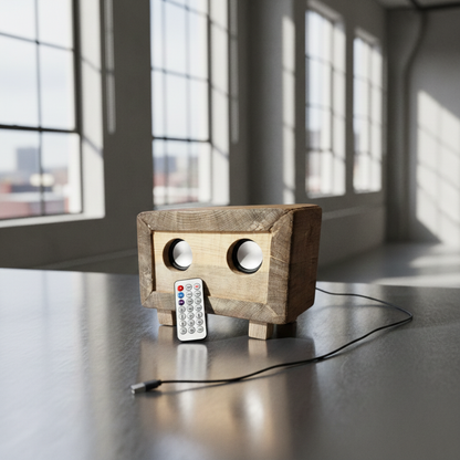 Wooden radio speaker with a remote control on a reflective surface