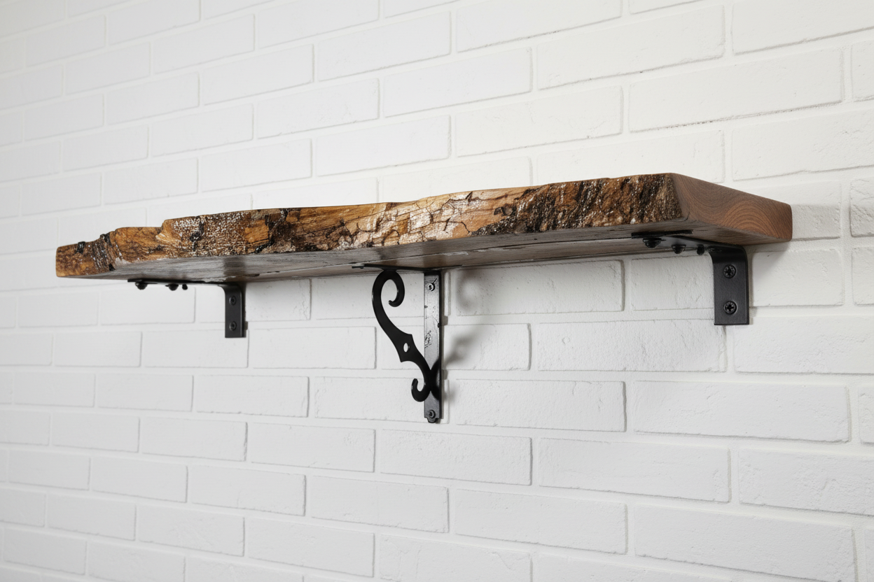 Wooden shelf with metal brackets on a white brick wall