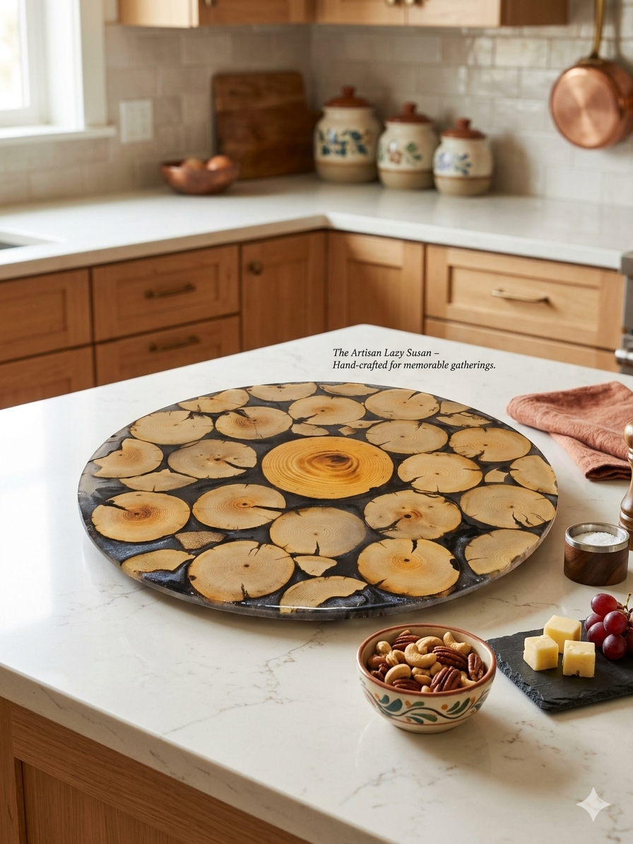 Wooden and resin lazy susan on a kitchen counter with food items and decor.