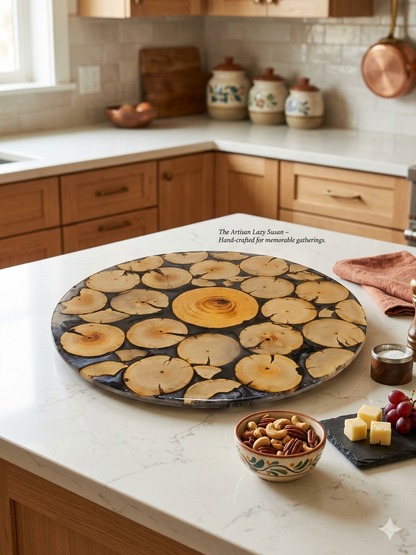 Wooden and resin lazy susan on a kitchen counter with food items and decor.