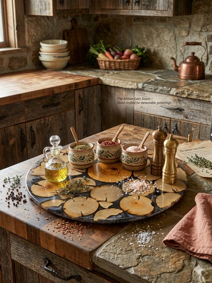 Vintage kitchen counter with rustic decor, including a platter of bread, small bowls, and a teapot. On a lazy susan 