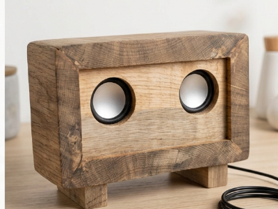 Wooden USB speaker on a white background