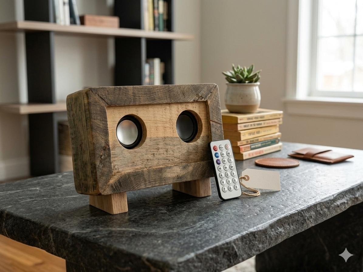 Wooden speaker on a table with a remote control and books in the background