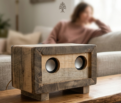 Wooden speaker on a coffee table with a blurred person in the background