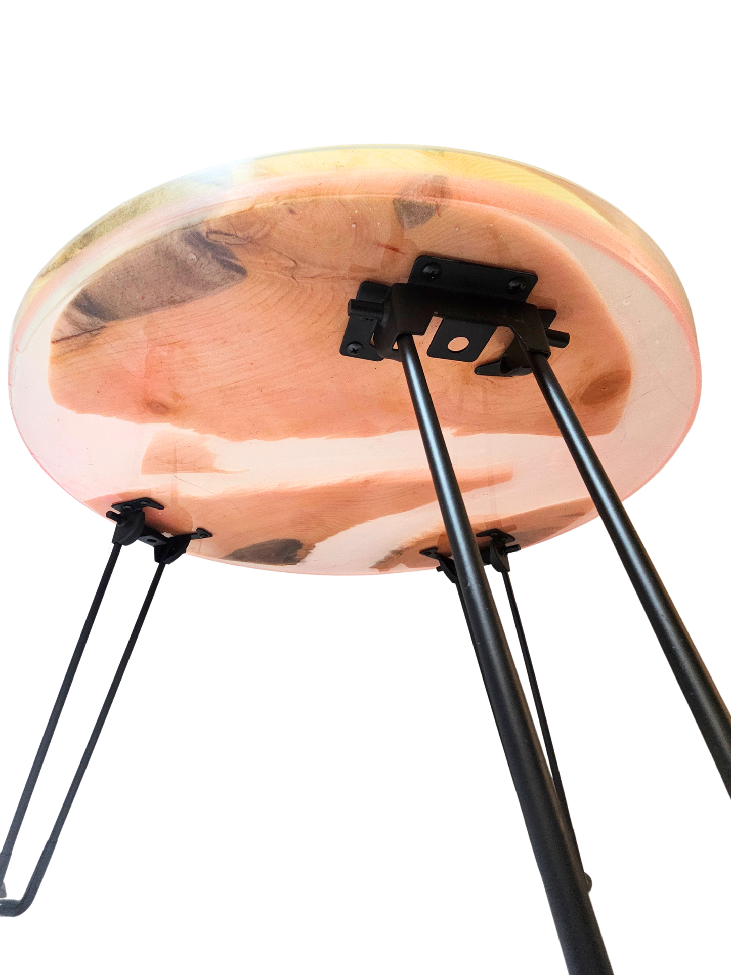 Wooden stool with black metal legs on a white background