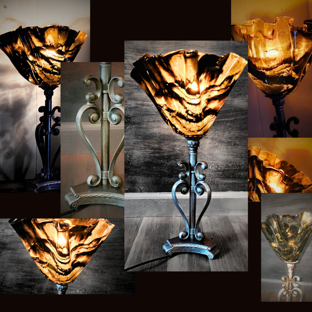 Handcrafted rustic lamp. Wood/resin construction with antique hammered metal finish. Gold/black detail shade.