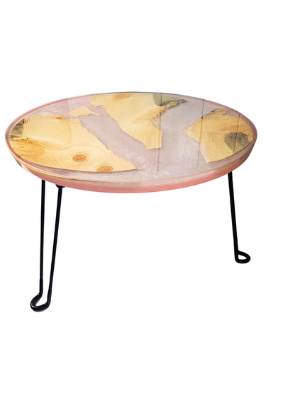 Handcrafted Round Live Edge Wood & Blush Pink Epoxy Resin Coffee Table