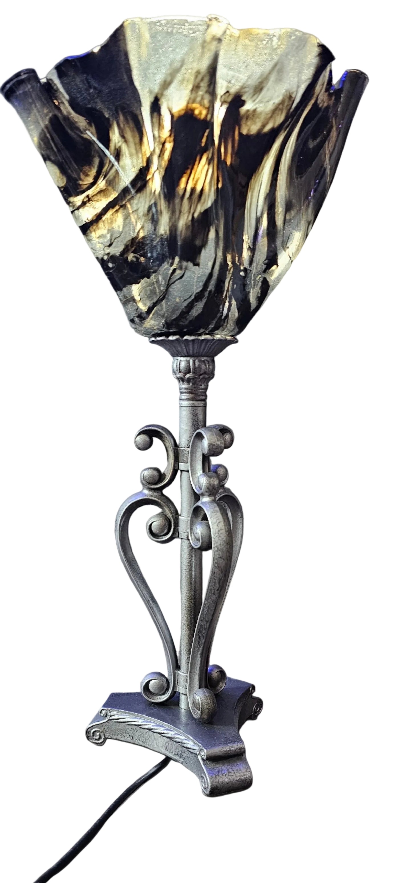 Handcrafted rustic lamp. Wood/resin construction with antique hammered metal finish. Gold/black detail shade.