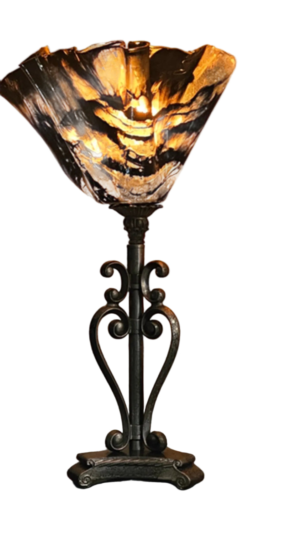 Handcrafted rustic lamp. Wood/resin construction with antique hammered metal finish. Gold/black detail shade.