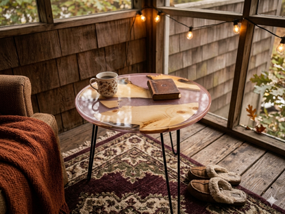 Handcrafted Round Live Edge Wood & Blush Pink Epoxy Resin Coffee Table