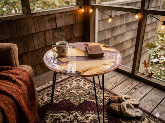 Handcrafted Round Live Edge Wood & Blush Pink Epoxy Resin Coffee Table